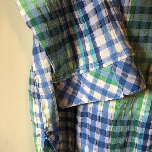 Vintage Alia Plaid Seersucker Green & Blue Picnic Button Down Shirt - Picture 8 of 16